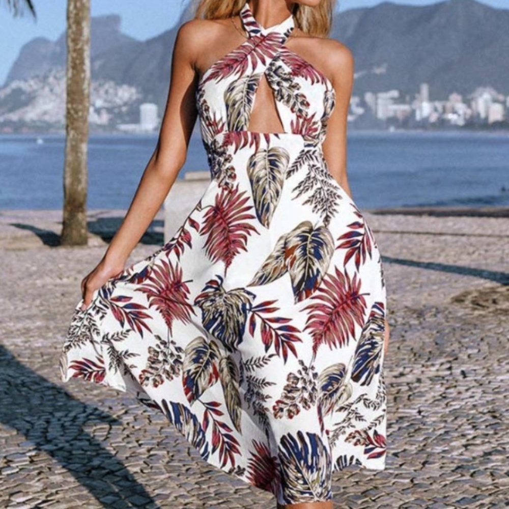 Cupshe White Halter Backless Tropical Leaf Midi Dress - Red & Blue Leaf Print